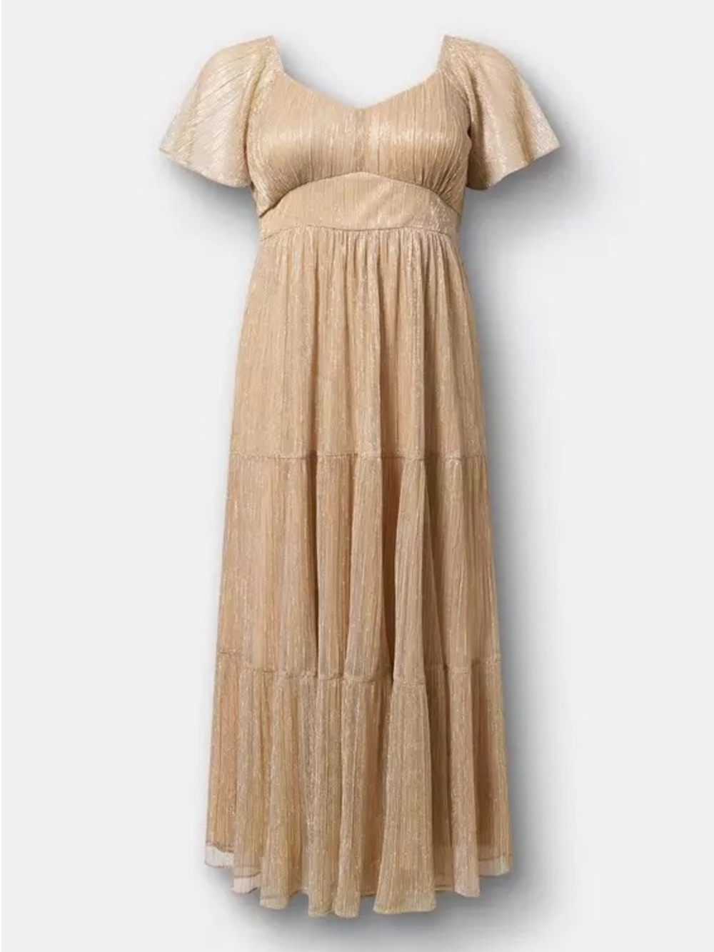 torrid Gold Shimmer Tiered Maxi Dress with Flutter Sleeves
